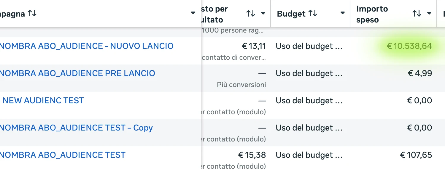 Spesa pubblicitaria nel Business Manager